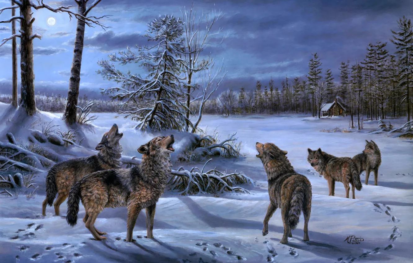 Photo wallpaper winter, forest, night, the moon, wolf, pack, wolves, hut