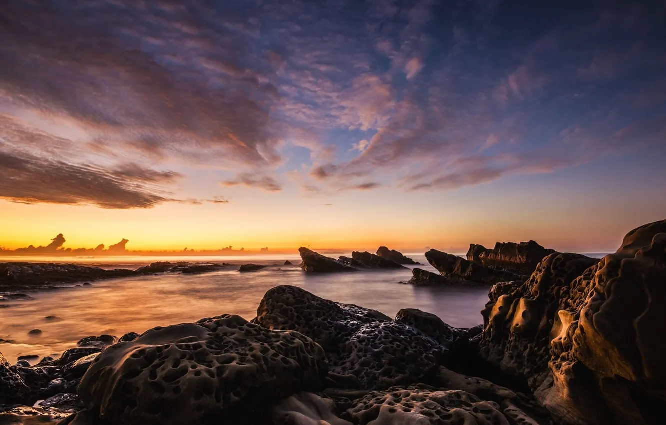 Photo wallpaper sea, clouds, sunset, nature, stones, rocks, shore, coast