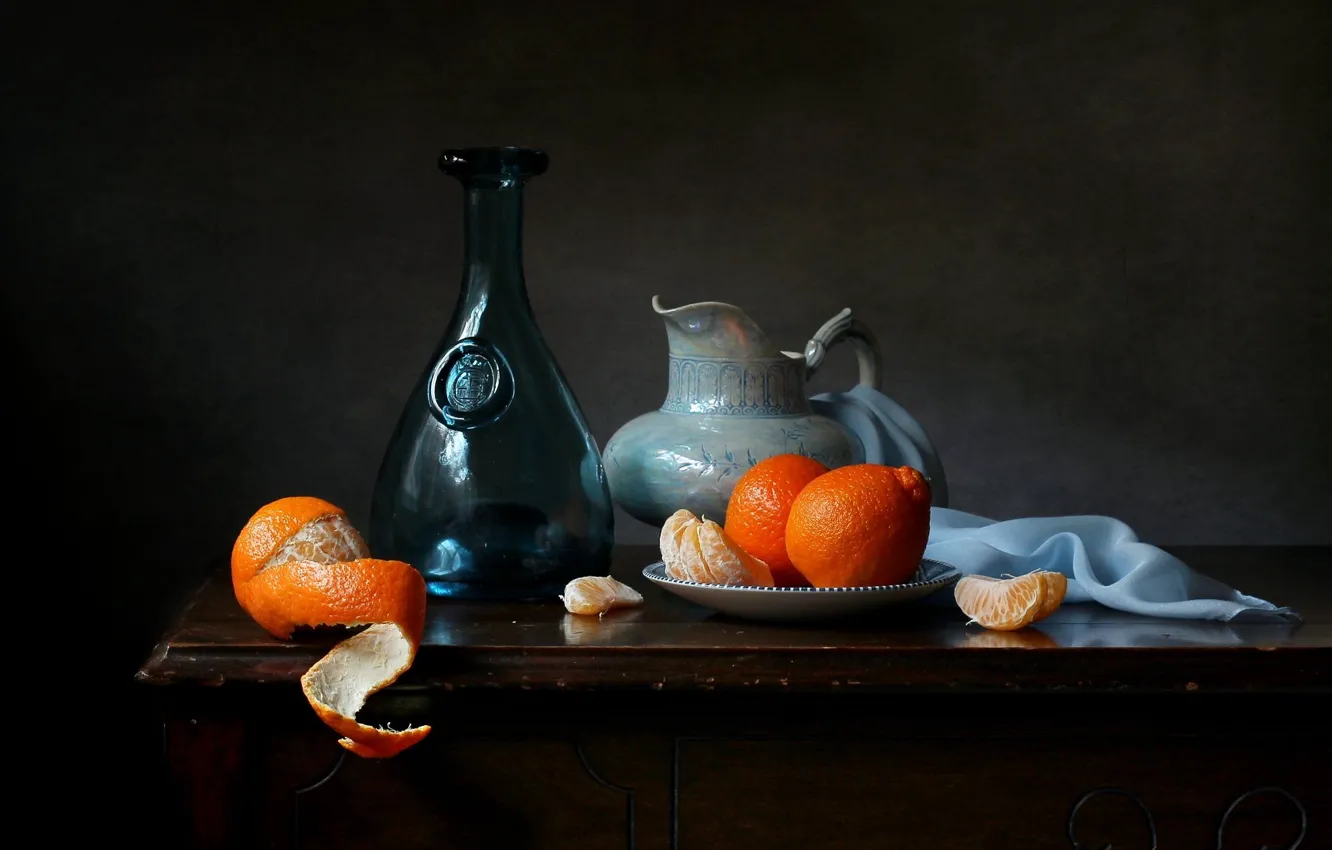 Photo wallpaper glass, table, bottle, towel, pitcher, fruit, still life, saucer