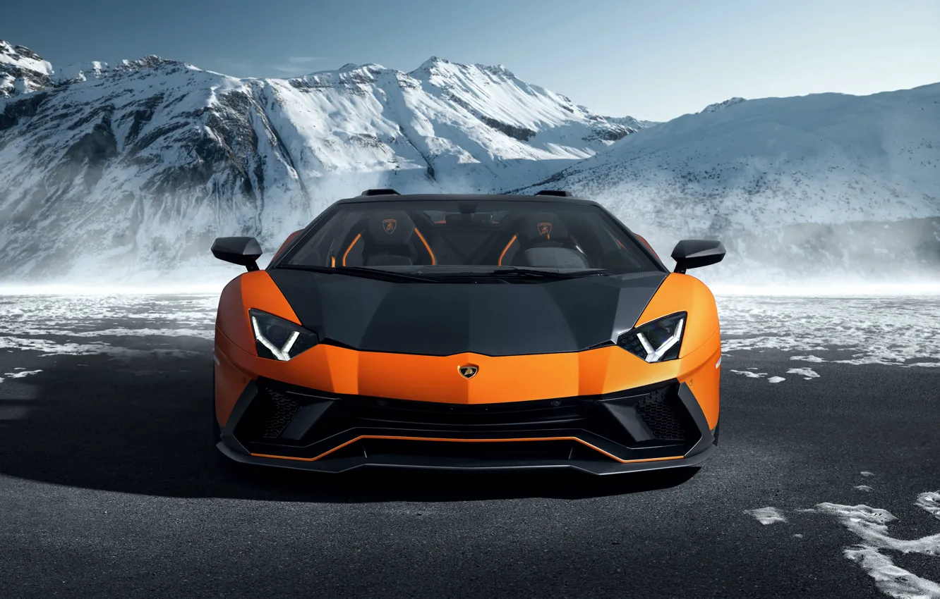 Photo wallpaper snow, mountains, Roadster, Lamborghini, sports car, Aventador, Novitec, Ultimae