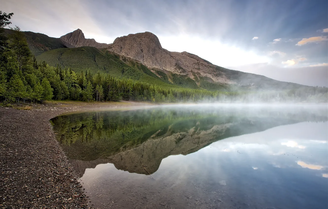 Photo wallpaper nature, fog, lake