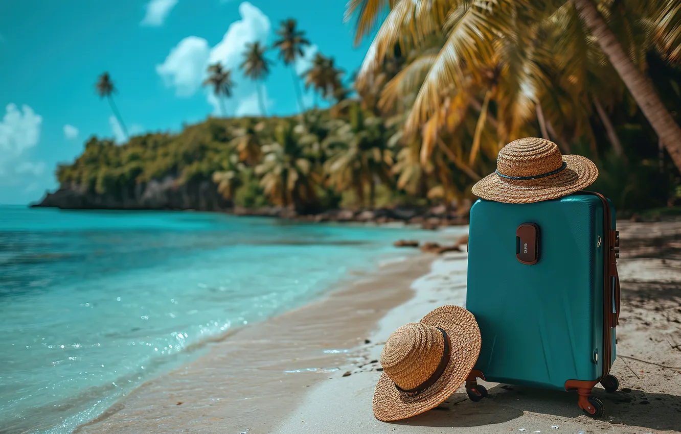 Photo wallpaper sand, sea, wave, beach, summer, the sky, palm trees, shore