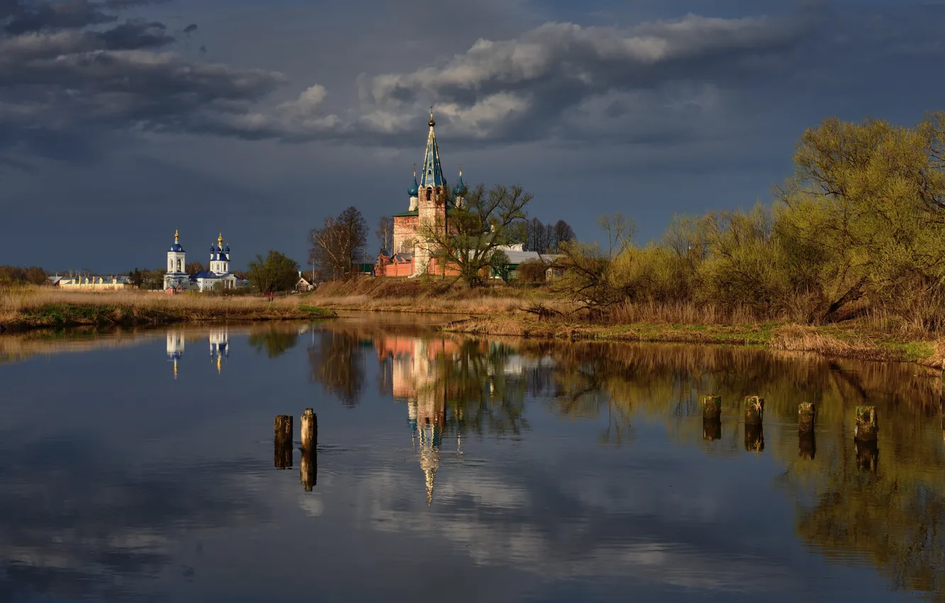 Photo wallpaper autumn, trees, shore, spring, Church, temple, Russia, pond