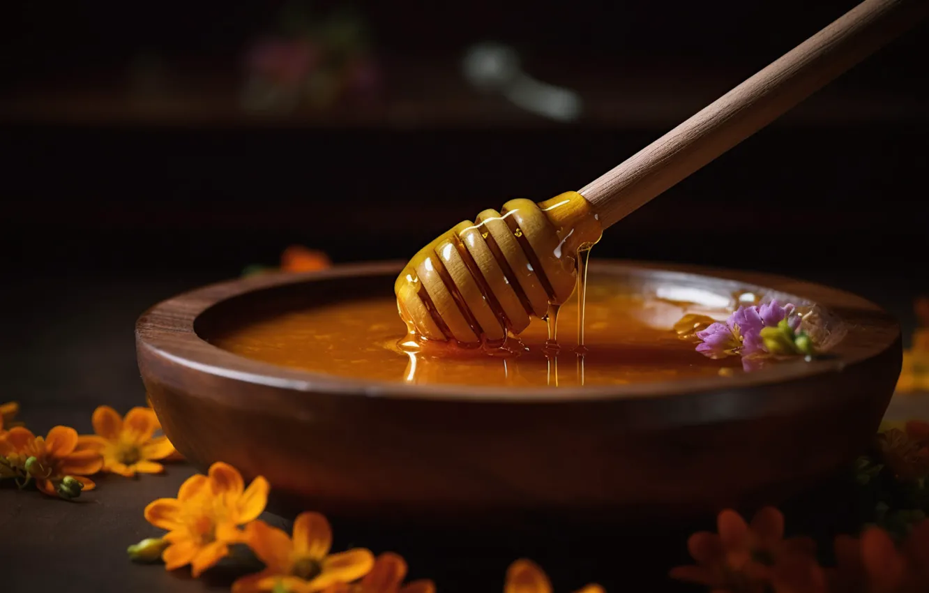 Photo wallpaper flowers, honey, bowl, jet, digital art, AI art, a spoon for honey, The Art of …