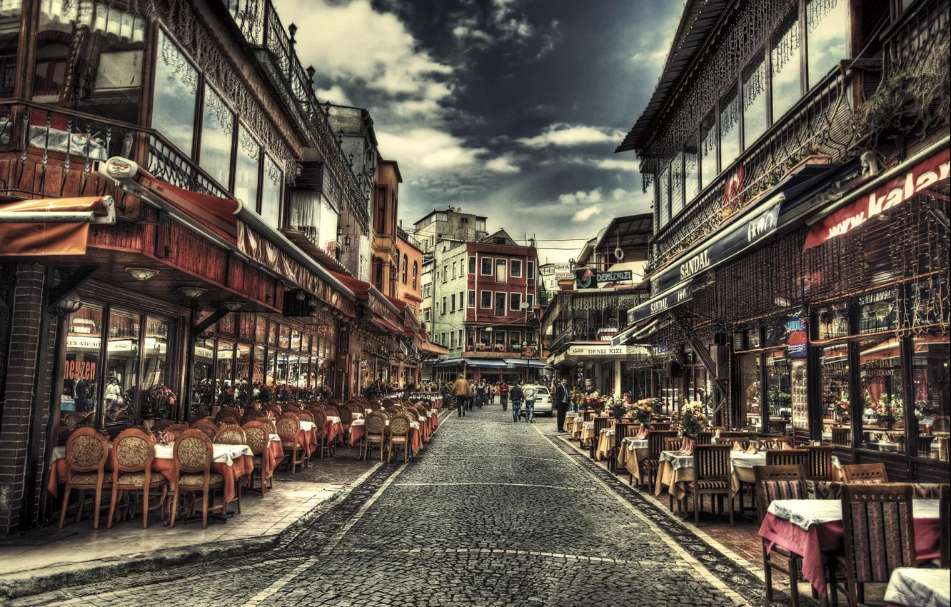 Photo wallpaper HDR, Cafe, Street, Istanbul, Turkey, Street, Istanbul, Turkey