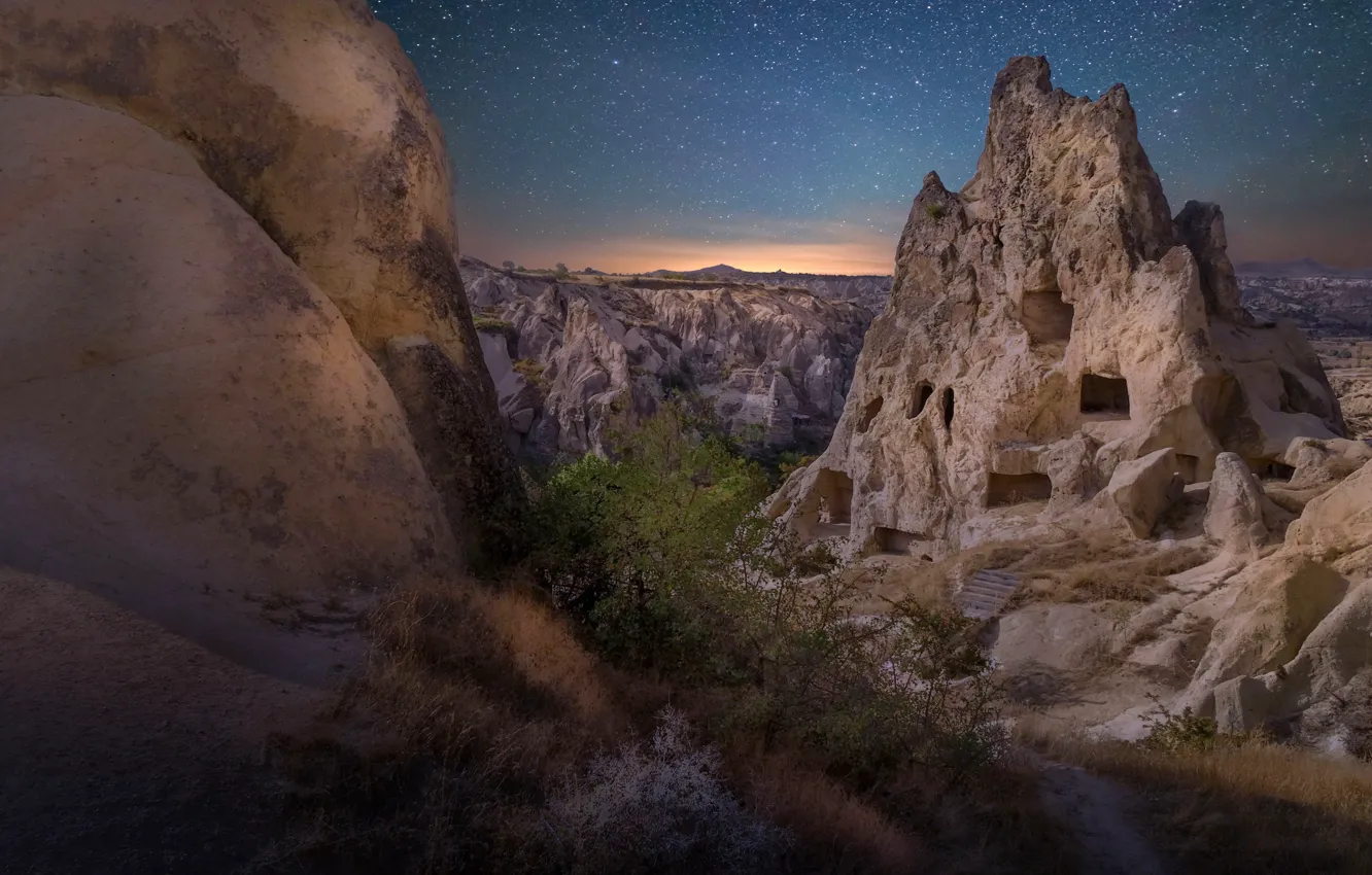 Photo wallpaper the sky, stars, landscape, night, nature, rocks, Turkey, Cappadocia