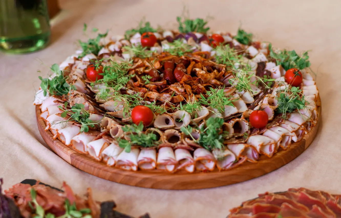 Photo wallpaper greens, table, mushrooms, meat, tomatoes, a lot, stand, bundle