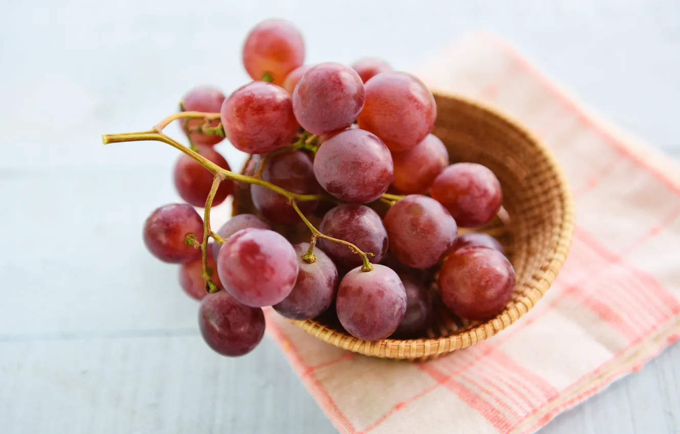 Photo wallpaper red, table, grapes, bunch, bowl, fruit, light background, napkin
