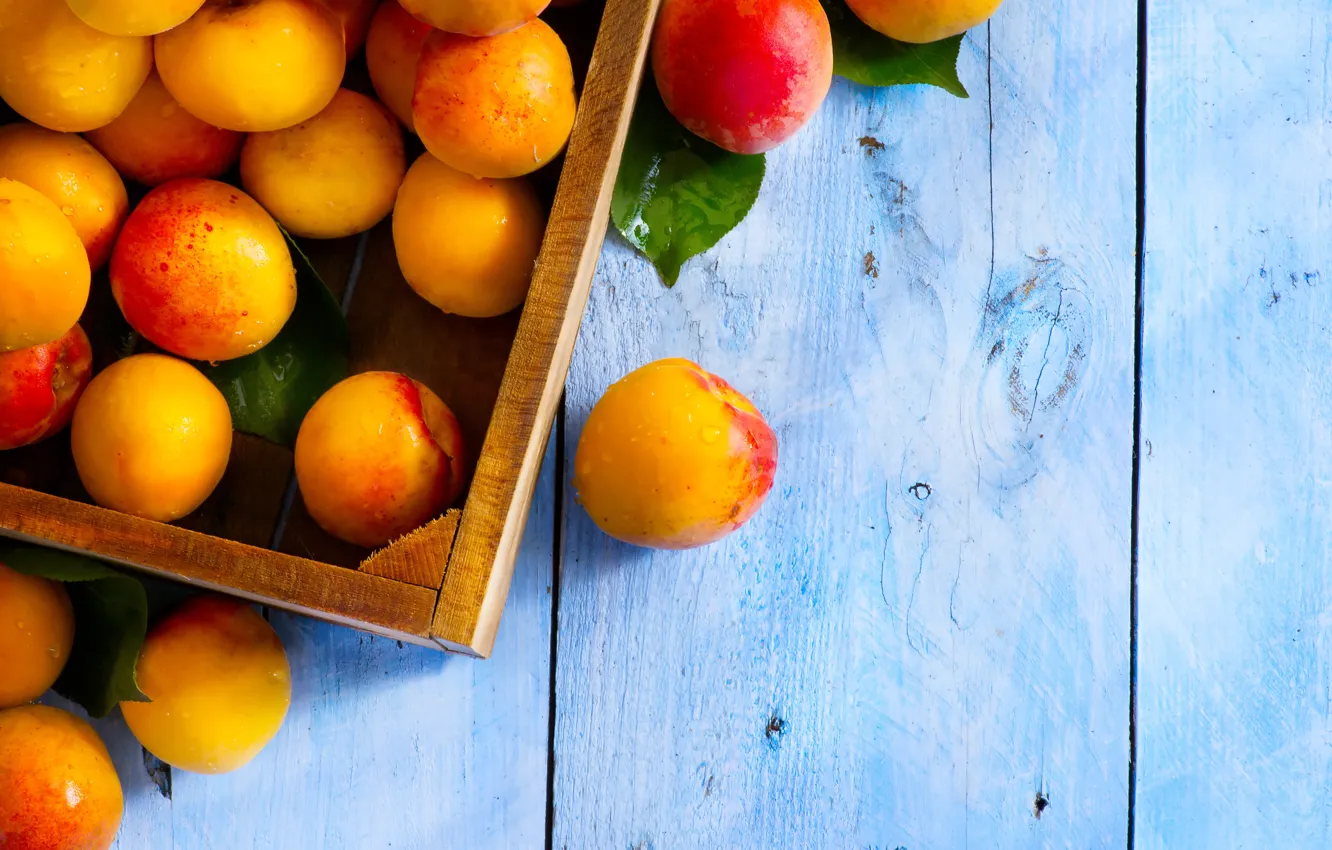 Photo wallpaper table, box, food, fruit, box, apricots