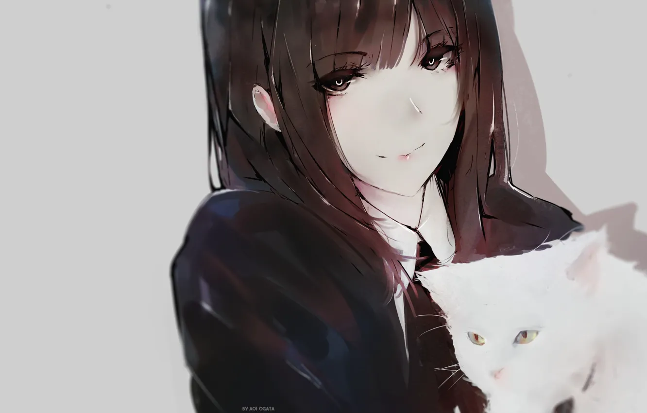 Photo wallpaper face, schoolgirl, grey background, long hair, art, bangs, white kitten, Aoi Ogata