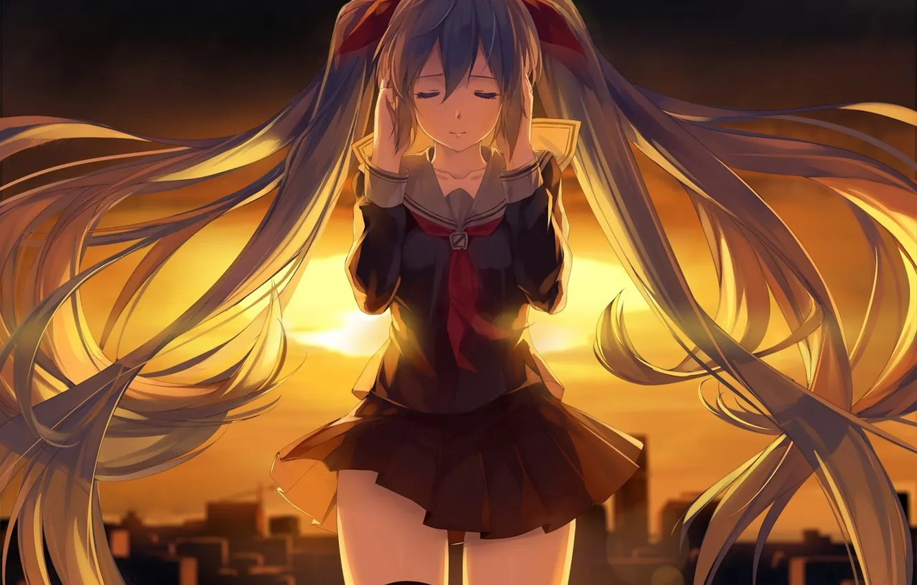 Photo wallpaper girl, sunset, the city, home, art, form, schoolgirl, vocaloid