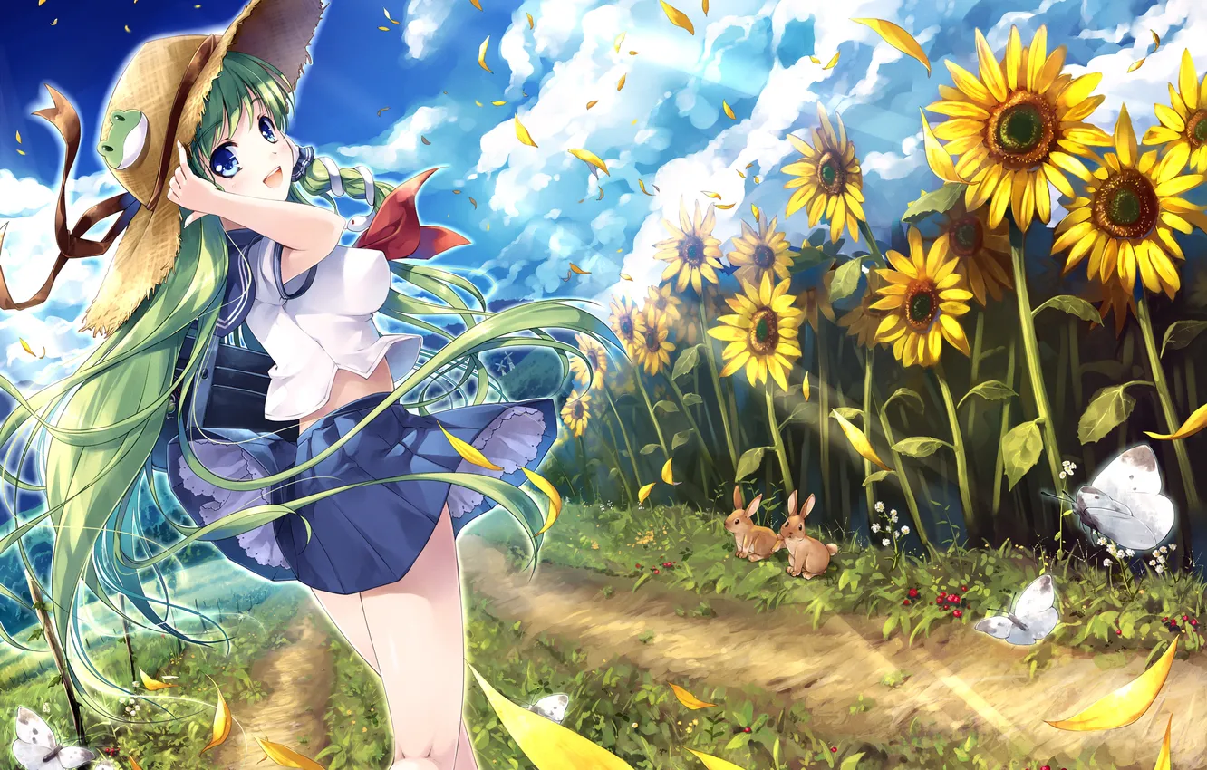 Photo wallpaper girl, sunflowers, the wind, butterfly, hat