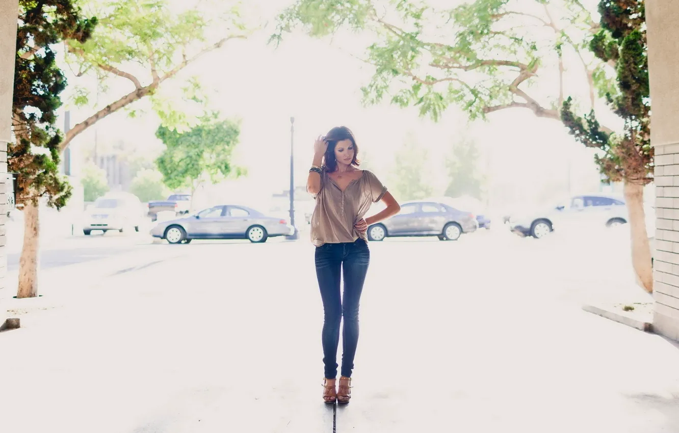 Photo wallpaper jeans, figure, brunette, beauty