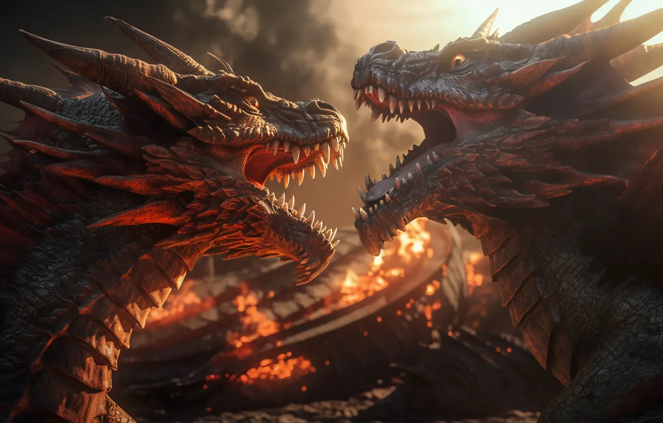 Photo wallpaper flight, dragon, teeth, grin, two, digital art, AI art, The Art of Artificial Intelligence