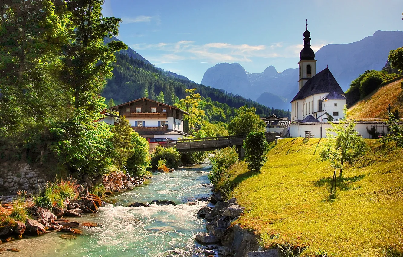 Photo wallpaper landscape, mountains, bridge, river, home, Germany, Bayern, Alps