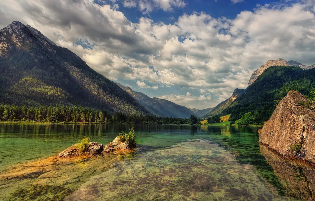 Photo wallpaper forest, summer, the sky, clouds, landscape, mountains, nature, lake