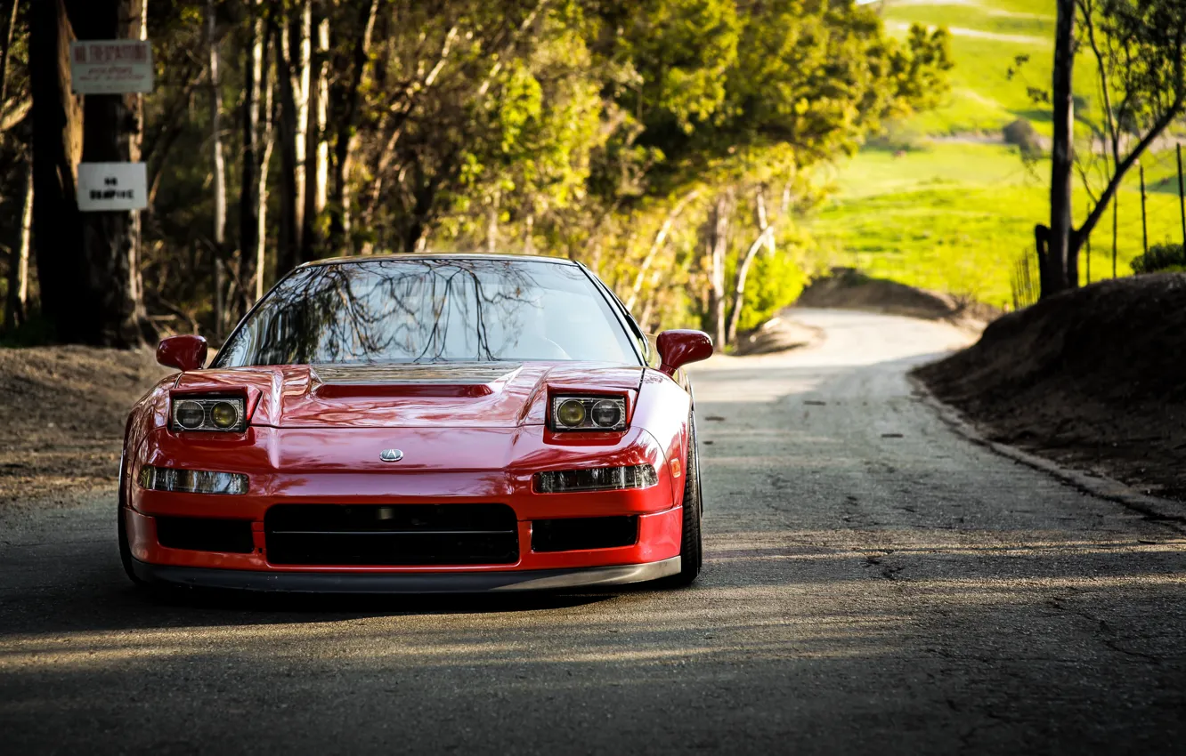 Photo wallpaper Red, Honda, Front, Road, Acura, NSX, Forest, Trees