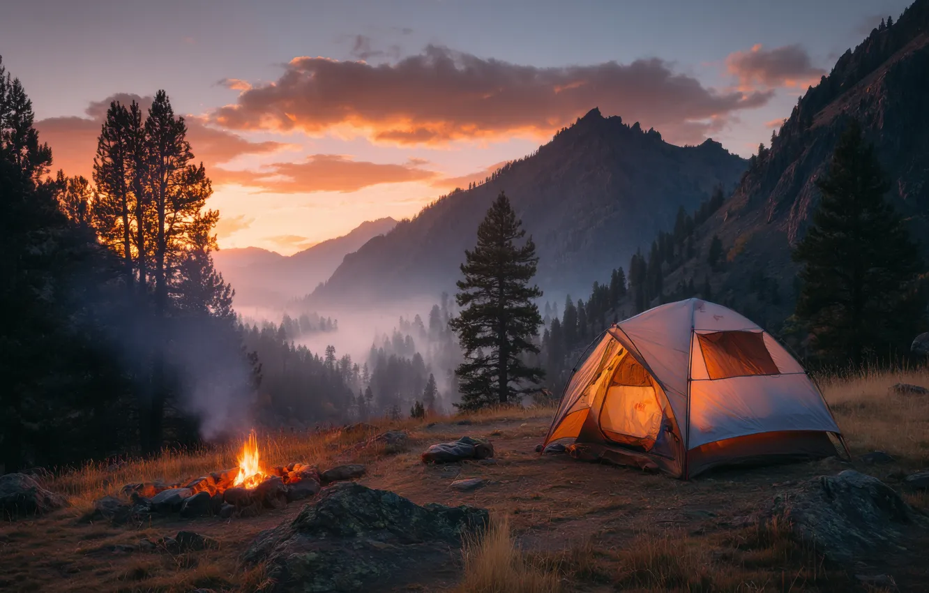 Photo wallpaper field, forest, clouds, landscape, mountains, night, fog, stones