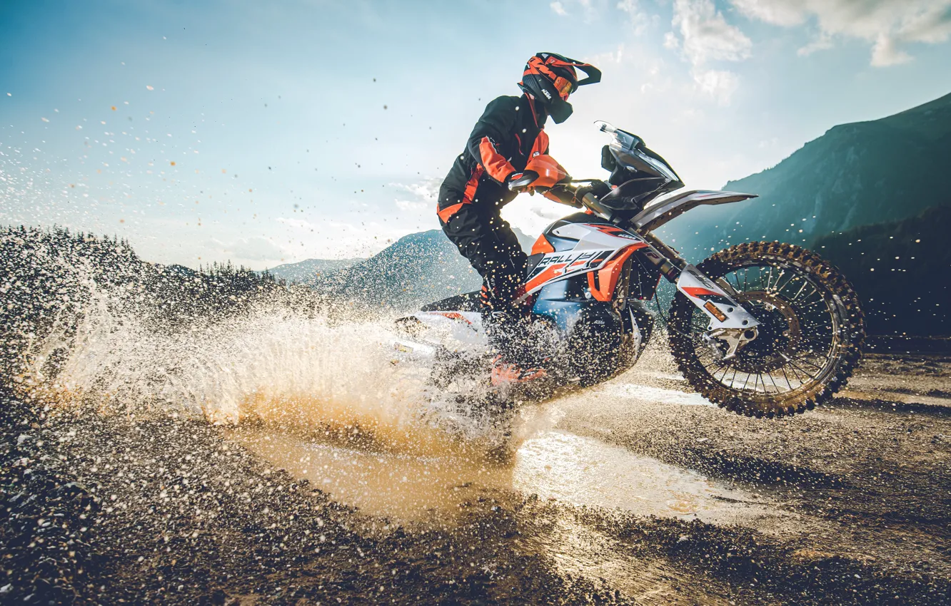 Photo wallpaper Mountains, Helmet, Motorcycle, Squirt, Male, KTM, Adventure Motorcycle, KTM 890 Adventure R Rally