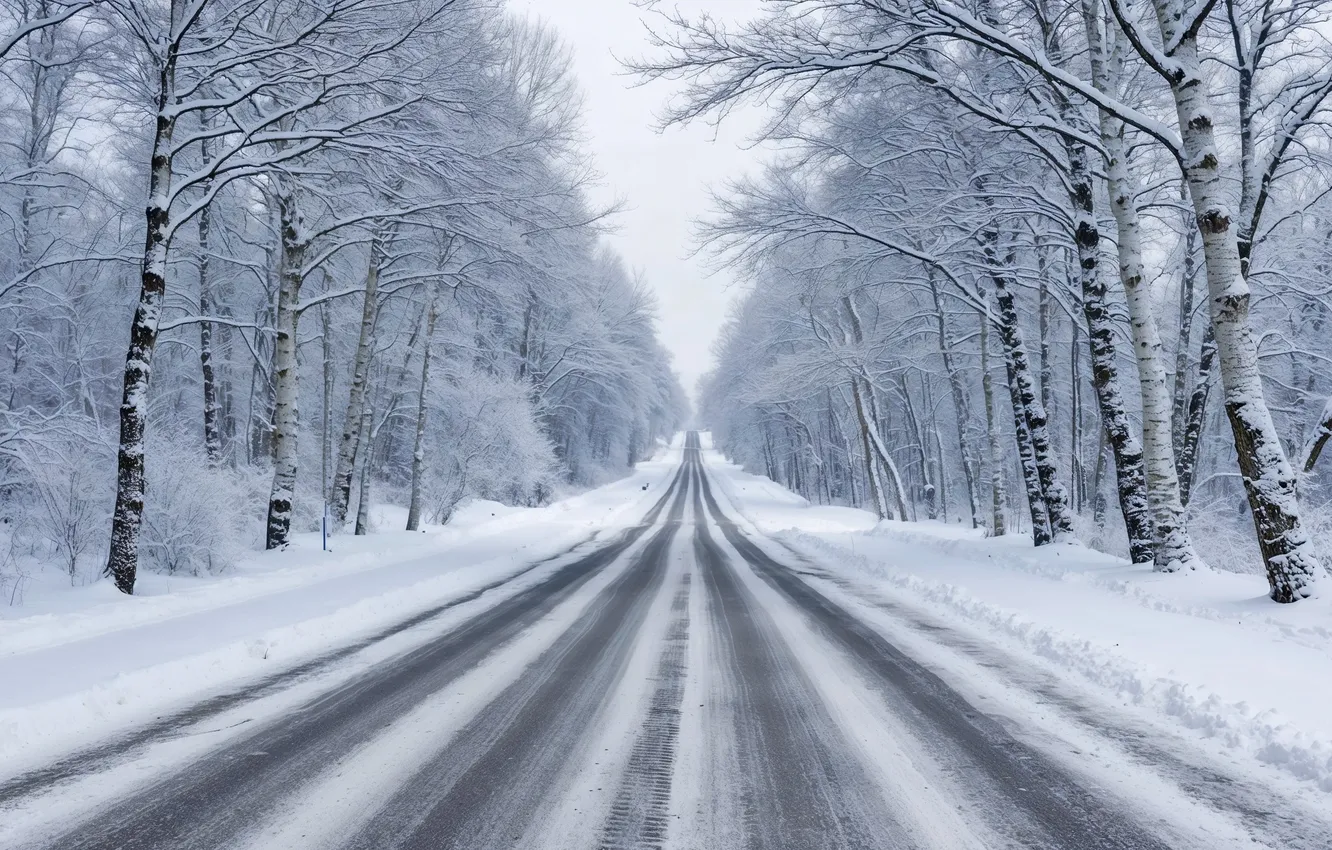Photo wallpaper winter, road, forest