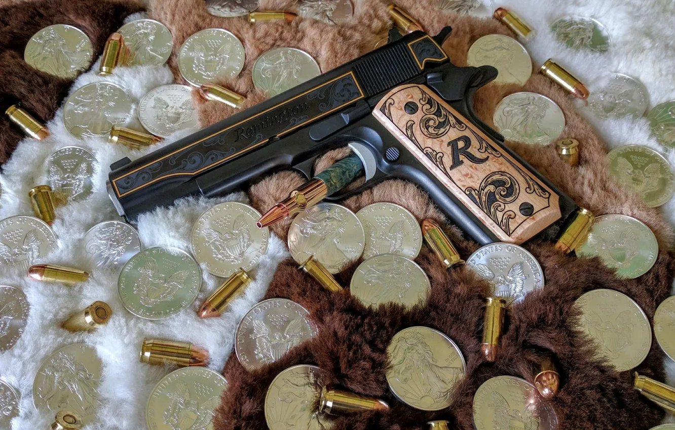 Photo wallpaper gun, weapons, dollar, gun, cartridges, weapon, M1911, 1911