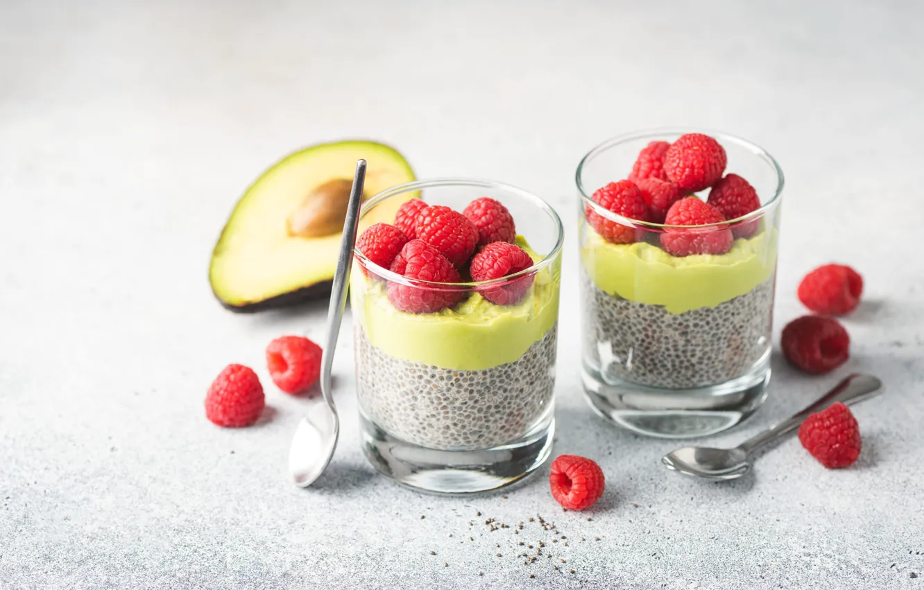 Photo wallpaper glass, glass, berries, raspberry, table, spoon, placer, cream