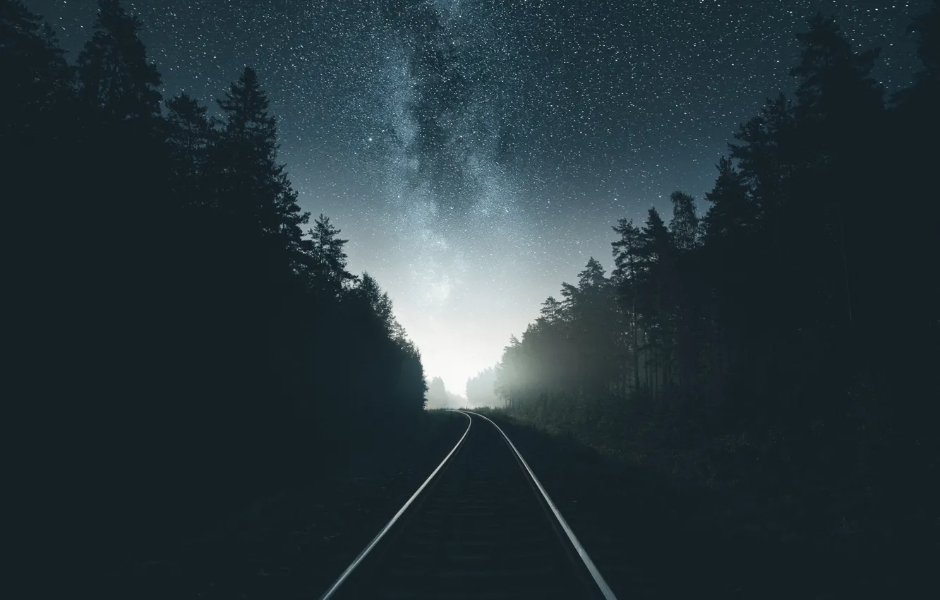 Photo wallpaper road, forest, the sky, stars, night, iron, the milky way