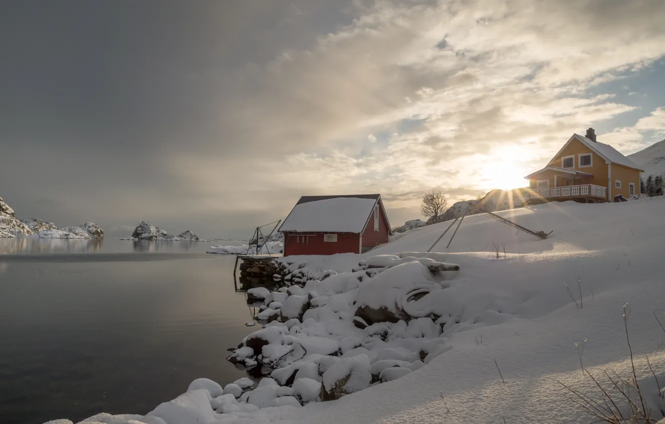 Photo wallpaper winter, snow, village, Norway, Norway, the fjord, The Lofoten Islands, Lofoten Islands