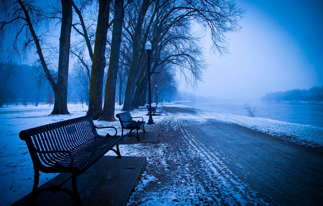 Photo wallpaper winter, Park, bench