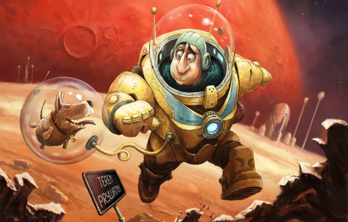 Photo wallpaper fiction, planet, dog, astronaut, art, Illustrator, fragment, As Tomek