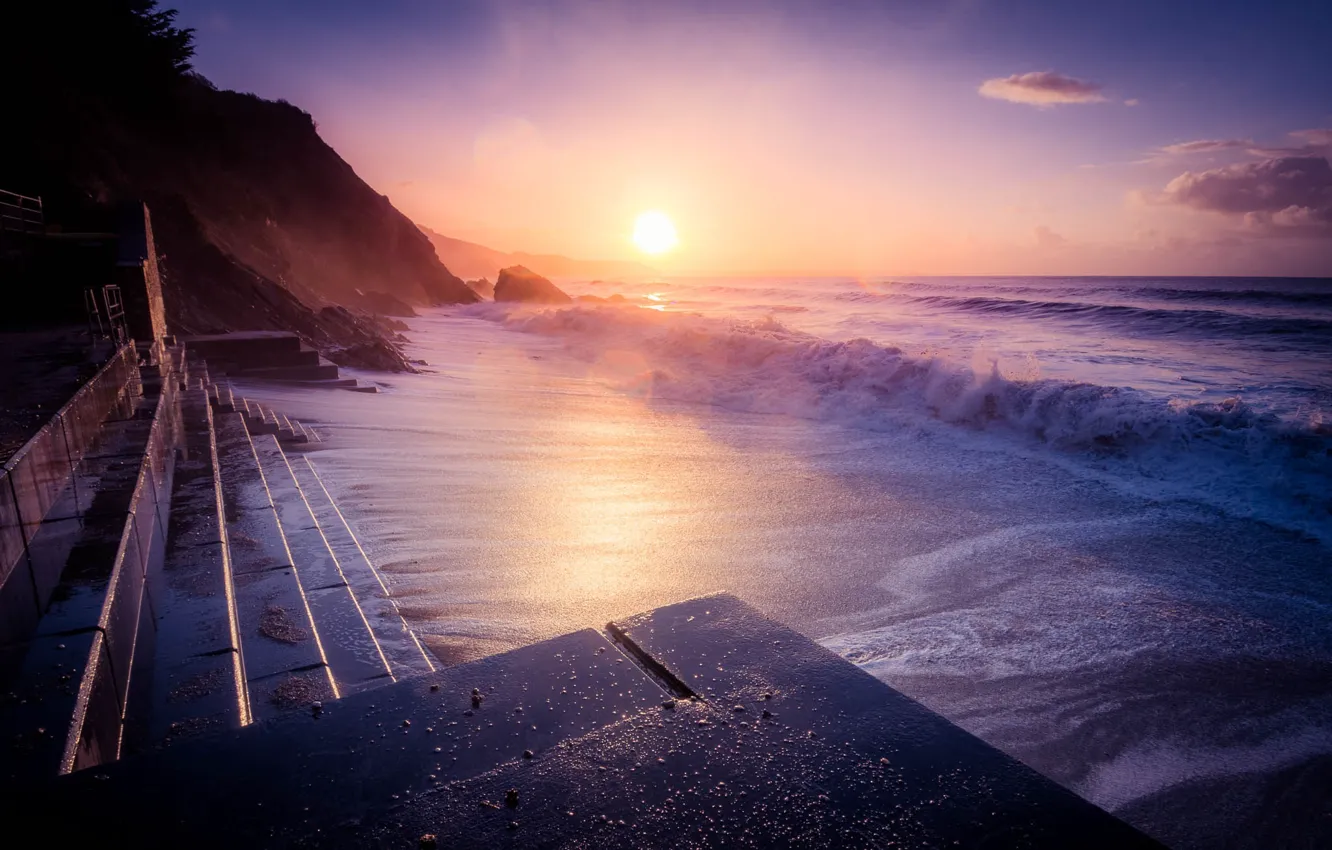 Photo wallpaper Sunset, Sand, Sea, Rocks, Ladder, Wave, Jari
