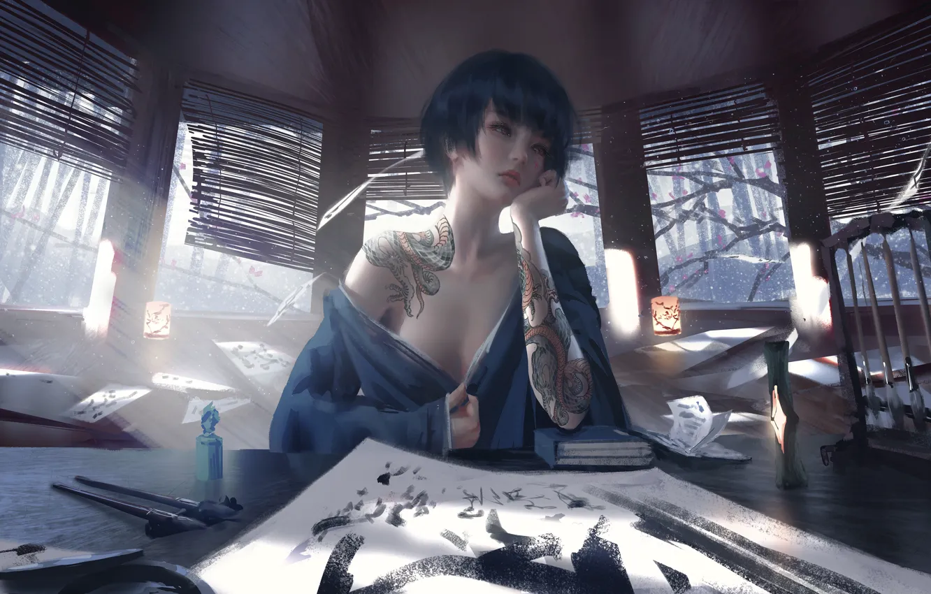 Photo wallpaper girl, fantasy, mood, tattoo, brunette, asian, digital art, artwork