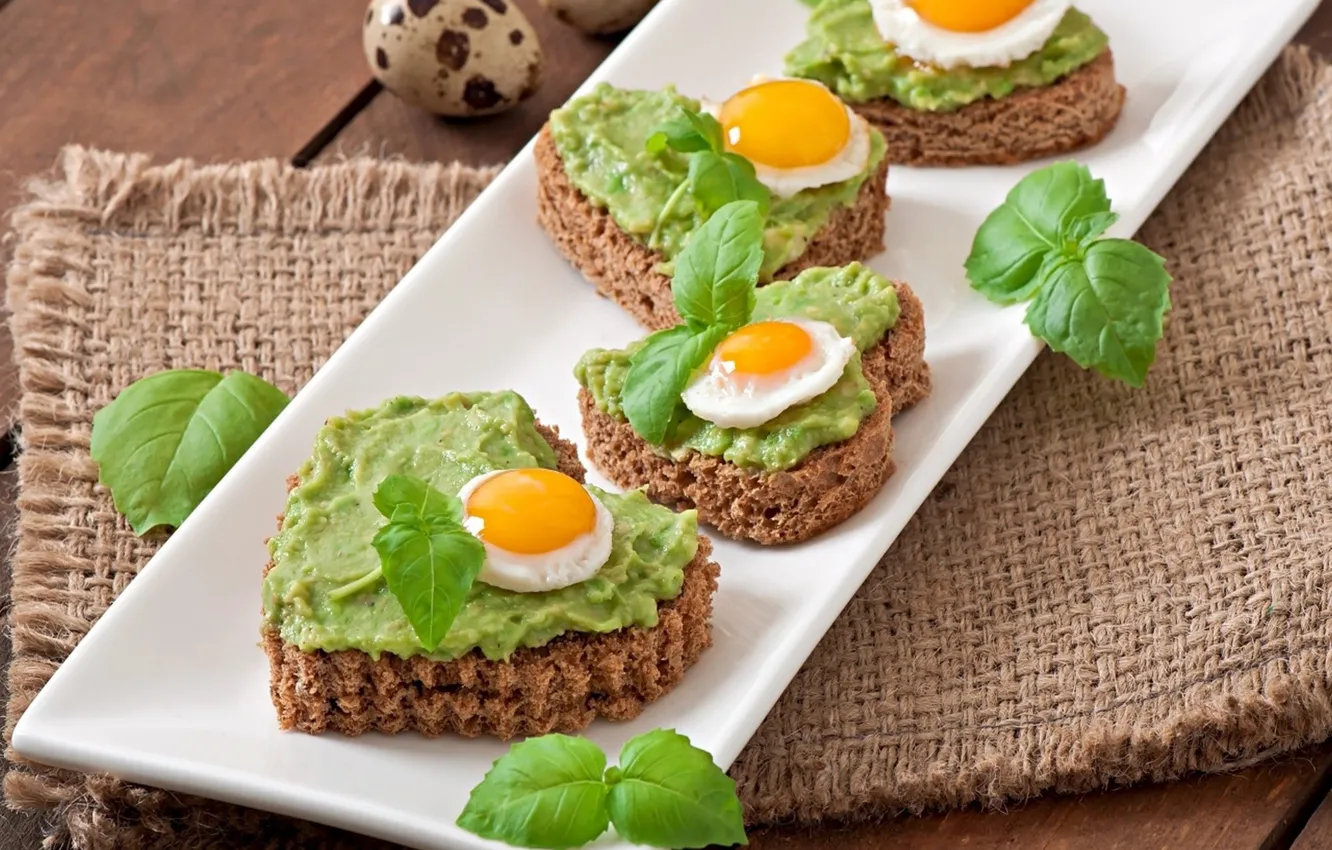 Photo wallpaper greens, eggs, bread, sandwiches