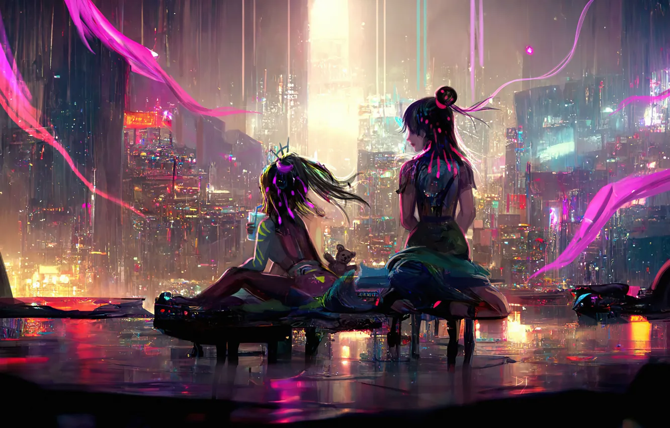Photo wallpaper girl, night, the city, lights, future, technology, skyscrapers, game