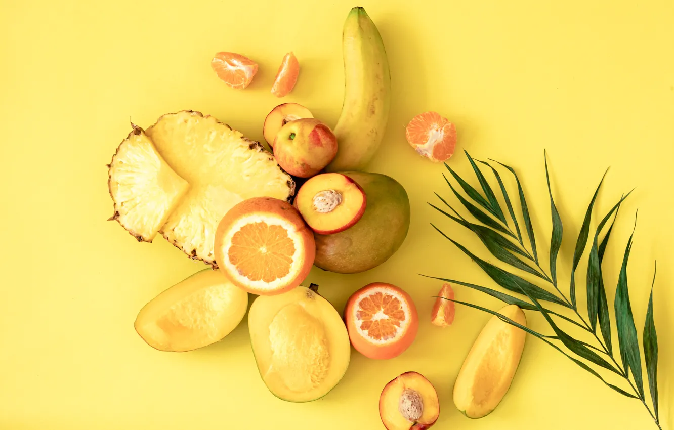 Photo wallpaper leaves, branches, orange, bananas, mango, pineapple, peaches, different