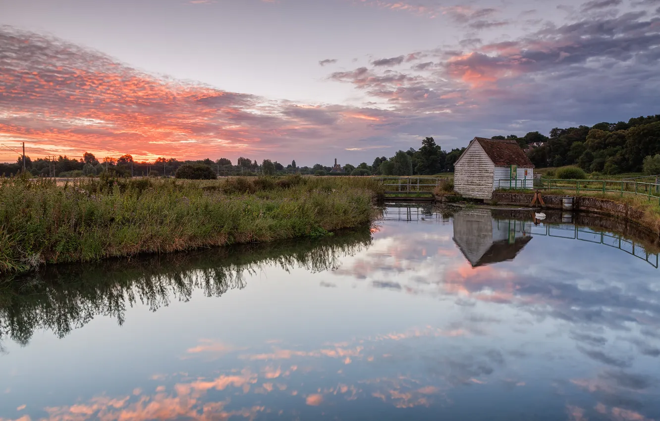 Photo wallpaper sunset, lake, house, reflection, the evening