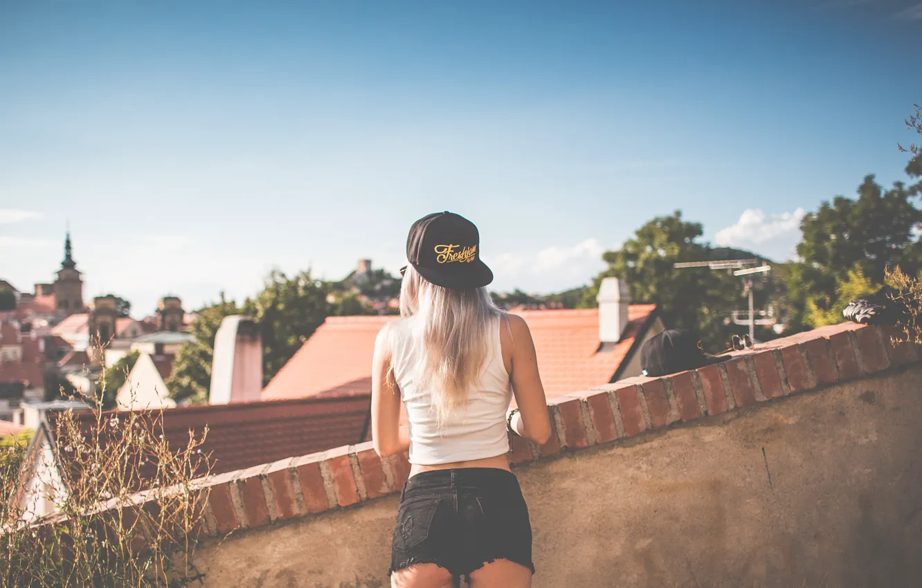 Photo wallpaper street, shorts, back, Mike, blonde, shorts, cap