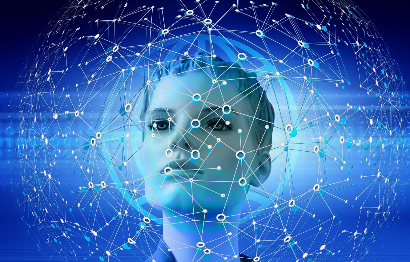 Photo wallpaper robot, internet, blue, technology, communication, artificial intelligence, complexity, computer network