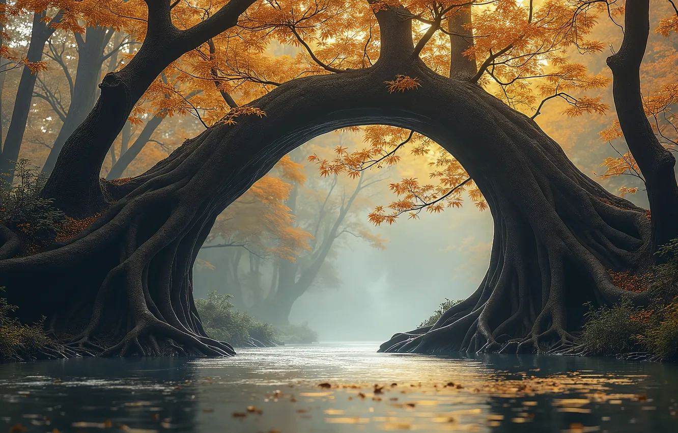 Photo wallpaper autumn, forest, trees, branches, pond, shore, foliage, arch