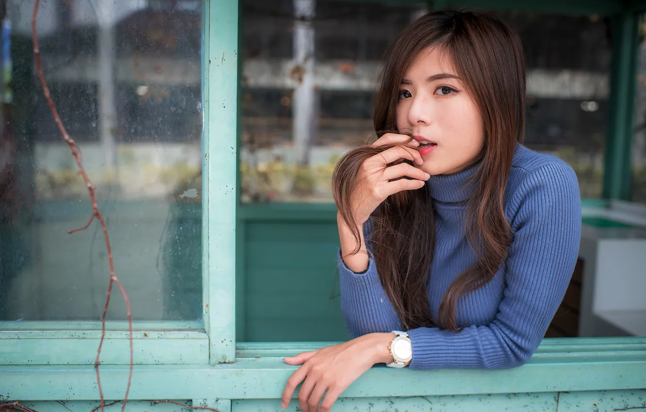 Photo wallpaper look, girl, hair, Asian, sweater