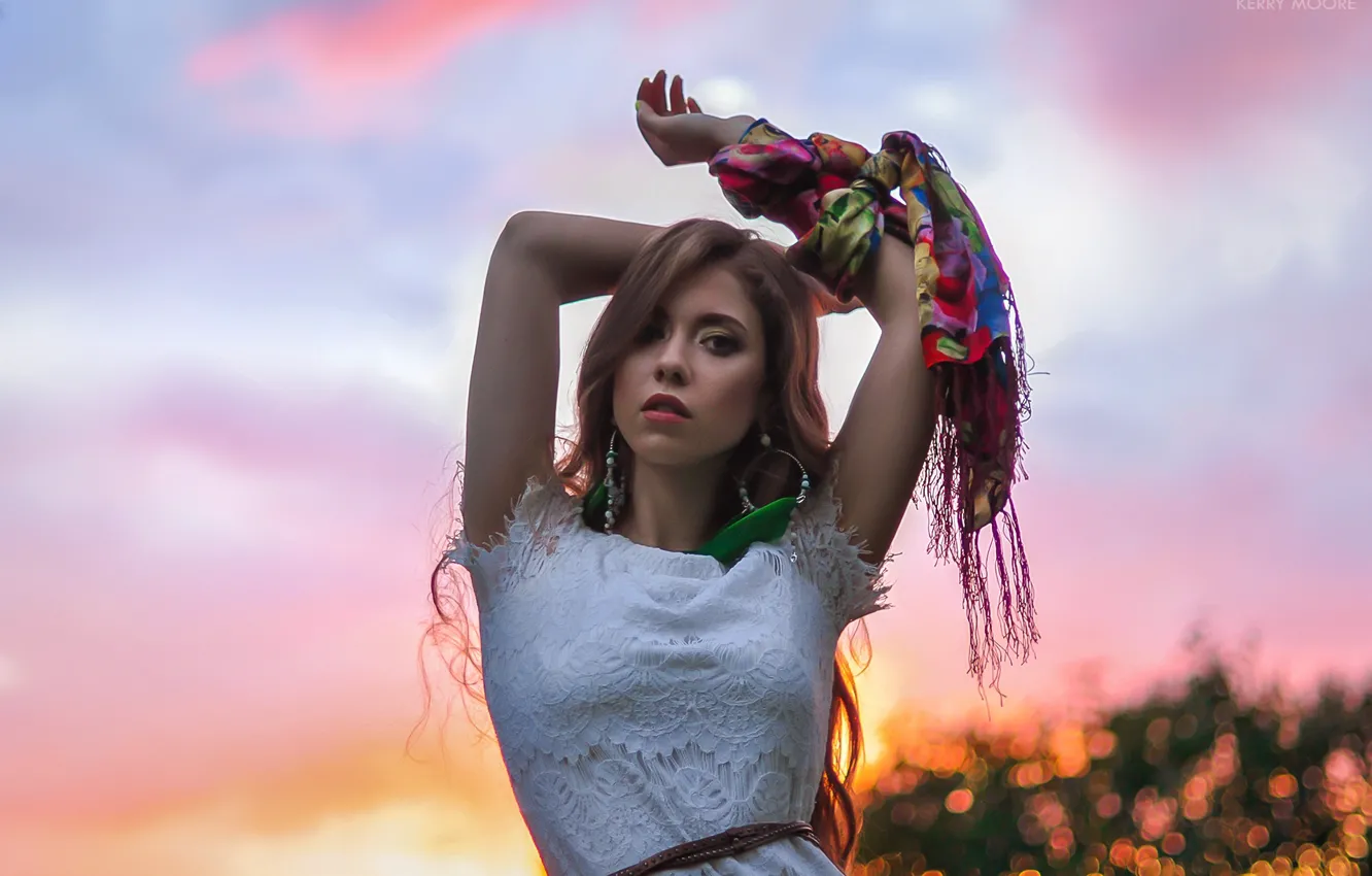 Photo wallpaper girl, sunset, brown hair, shawl, Kerry Moore
