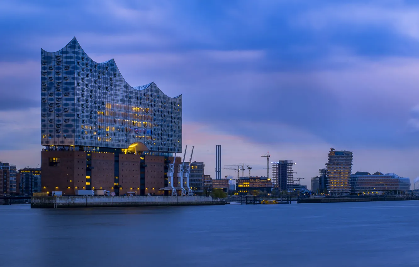 Photo wallpaper lights, home, the evening, Germany, Hamburg, harbour, The Elbe Philharmonic hall