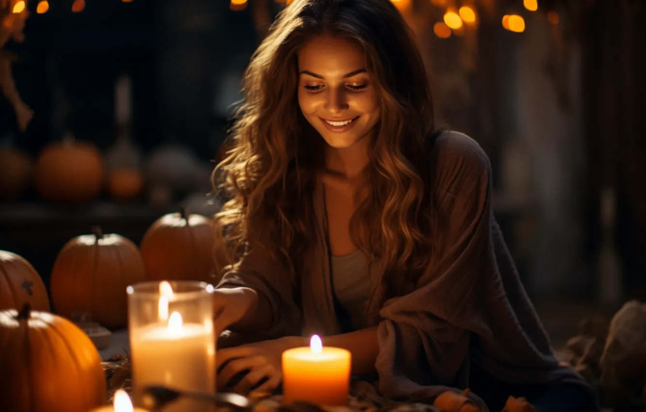Photo wallpaper look, girl, candles, AI art, neural network