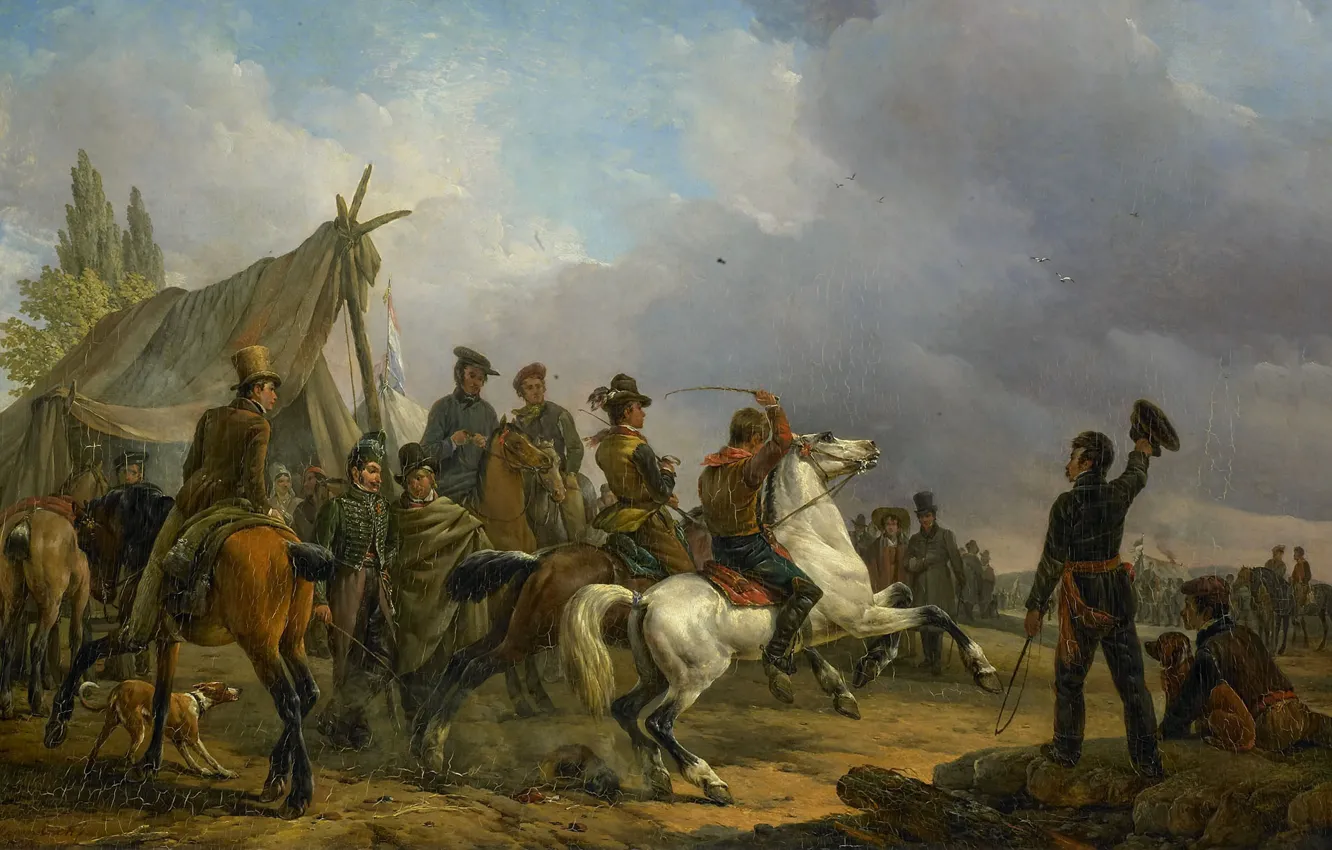 Photo wallpaper trees, oil, picture, Joseph Moerenhout, Running Trotters