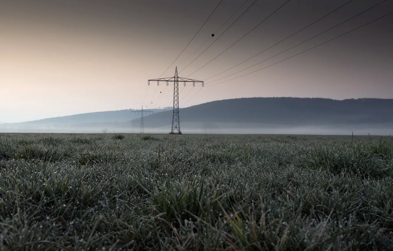 Photo wallpaper field, fog, power lines