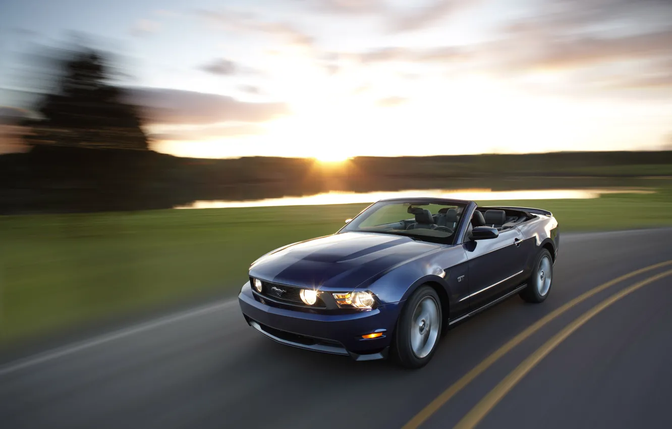 Photo wallpaper road, sunset, Mustang gt, speed convertible