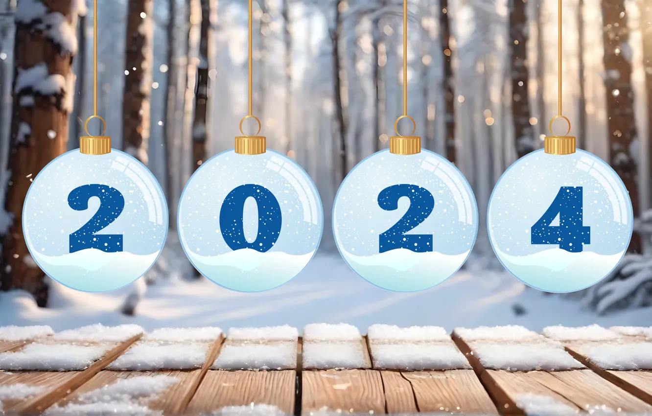 Photo wallpaper winter, forest, balls, new year, figures, date, 2024, AI art