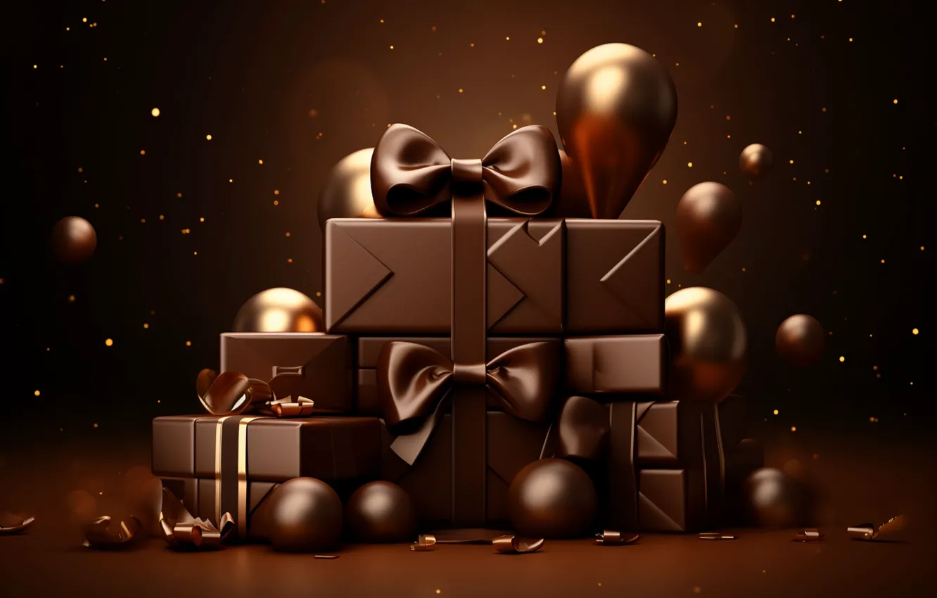 Photo wallpaper balls, the dark background, gift, new year, chocolate, Christmas, gold, gold plated