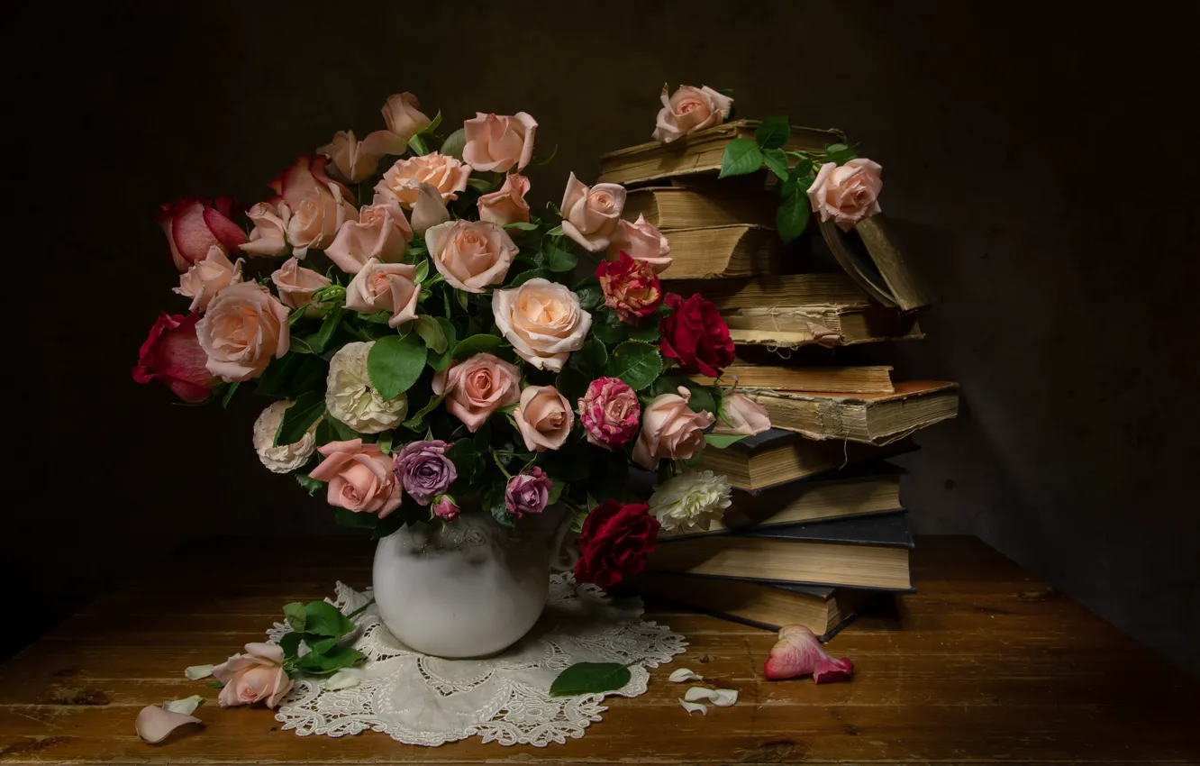 Photo wallpaper roses, bouquet, book, still life, Tatiana Fedenkova