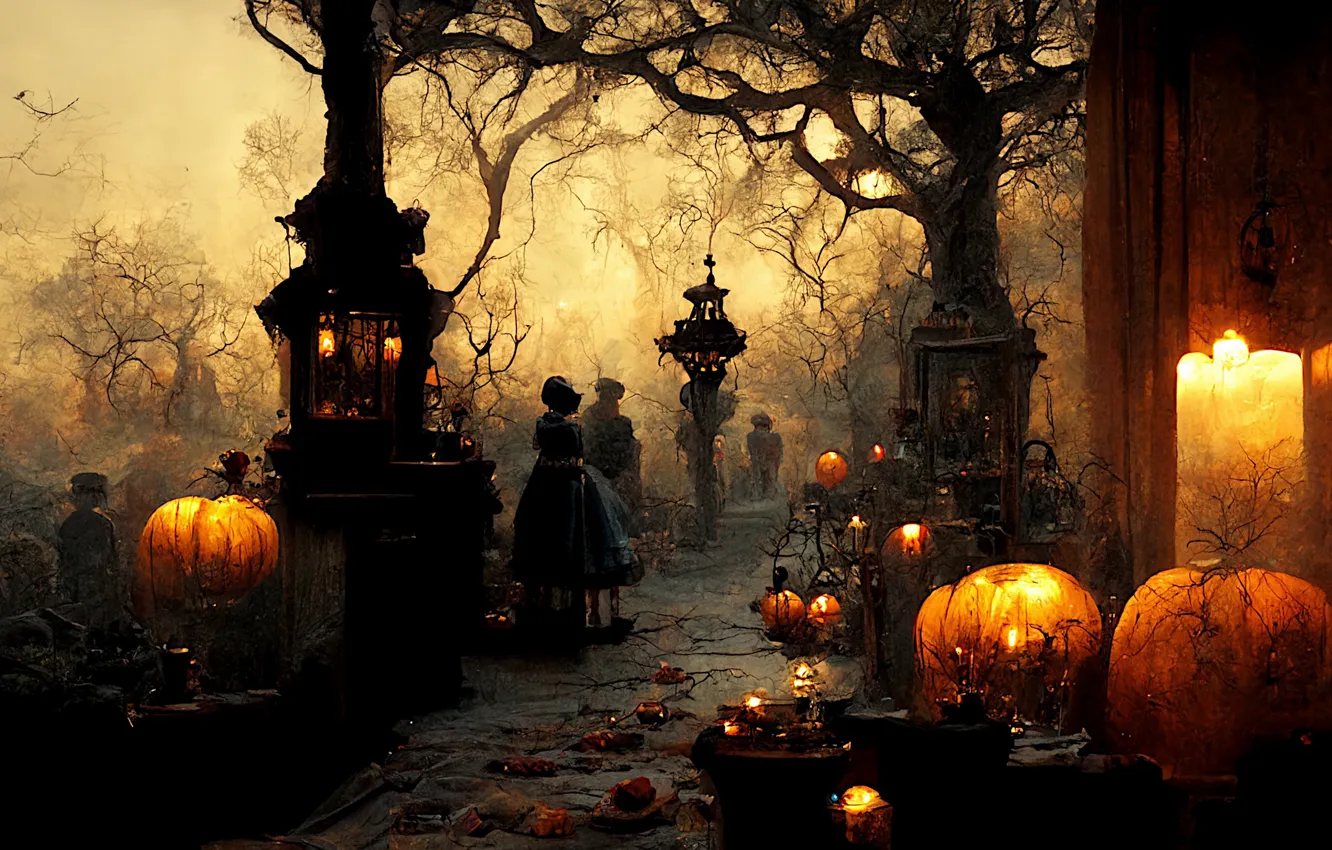 Photo wallpaper Halloween, people, graphics, candles, holiday, art, the sidewalk, the city